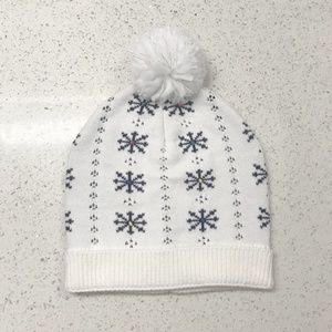 Kids Youth White & Navy Snowflake Pom Pom Beanie With Rainbow Dots
